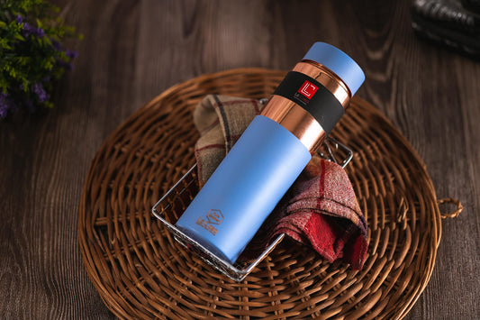 LeCasa - Greek Copper Water Bottle 1000ML | Color - Sky Blue | 100% Pure Copper With ISO Certification |