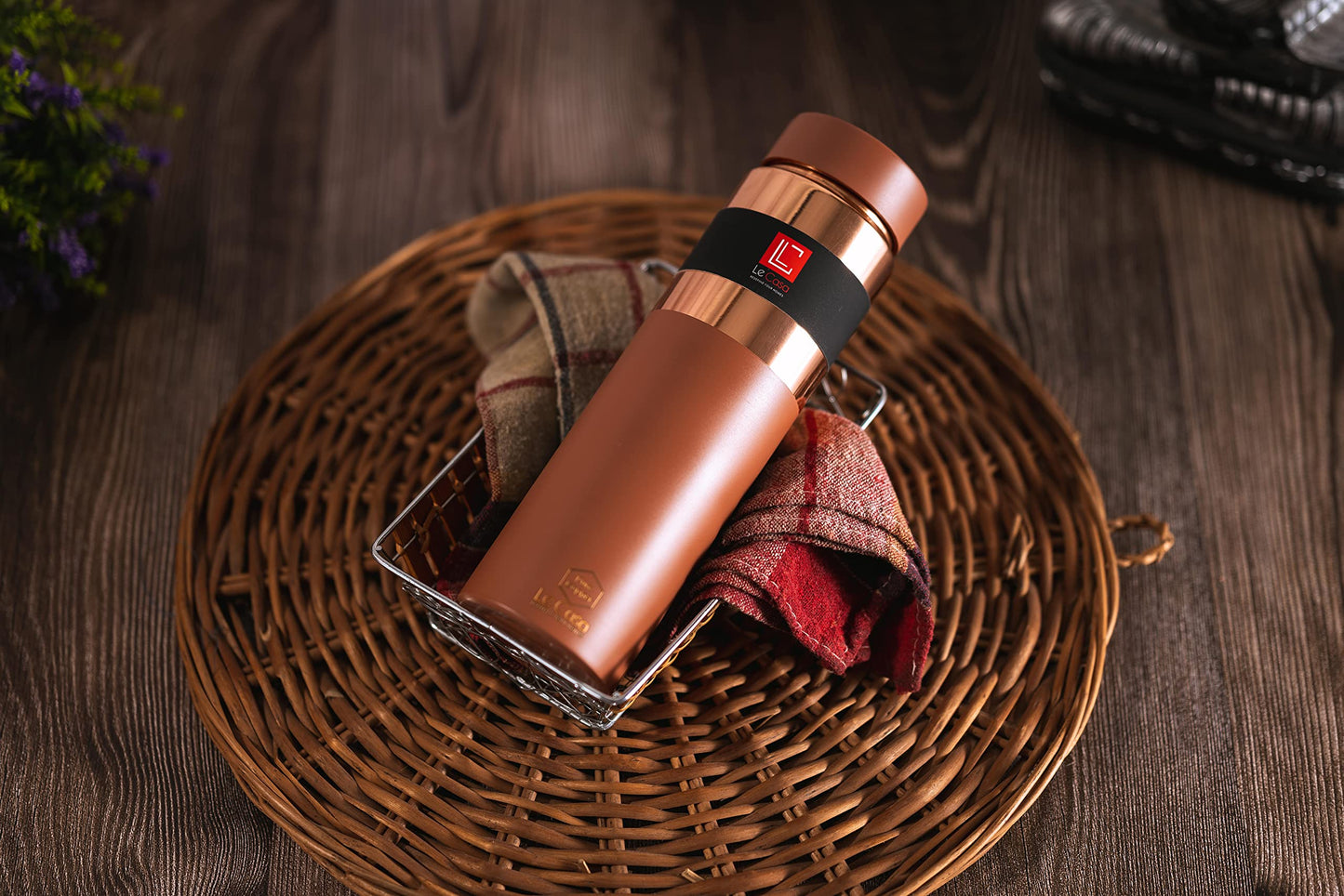 LeCasa - Greek Copper Water Bottle 1000ML | Color - Terracotta | 100% Pure Copper With ISO Certification |