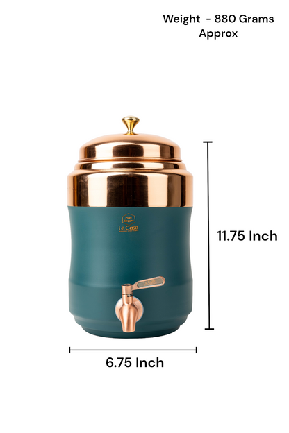 LeCasa - Wagon Copper Water Dispenser with Brass (Pital) Tap - Dark Cyan | Capacity - 5 Litre / 5000ML | 100% Pure Copper with ISO Certification |