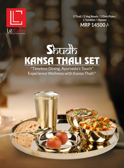 LeCasa - Kansa 6PC Dinner Thali Set | 100% Pure Kansa Material with ISO Certification | 1 Thali, 2 Bowls, 1 Dessert Plate, 1 Tumbler & 1 Spoon |